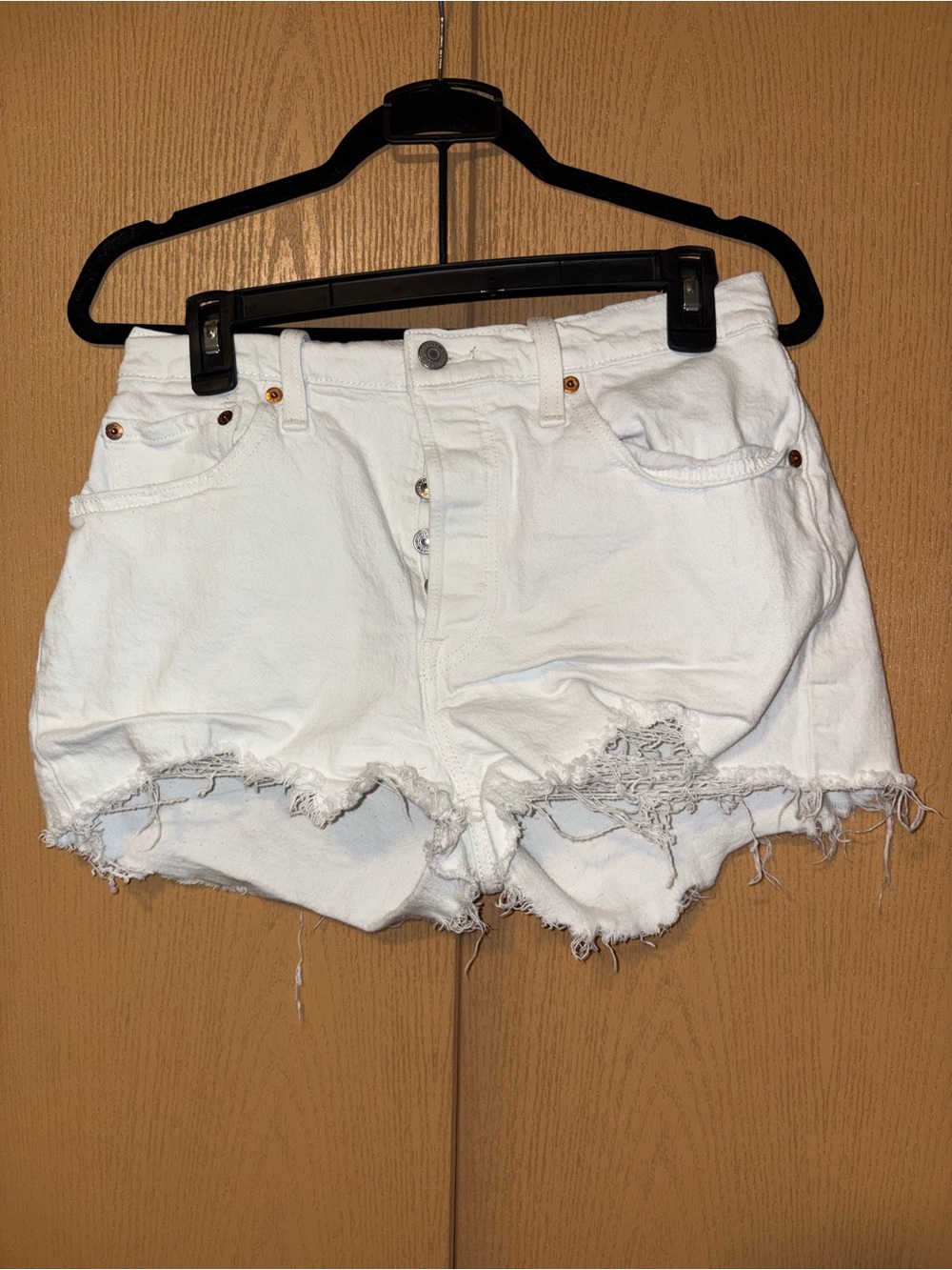Levi’s White 501 High Waisted Denim Shorts
